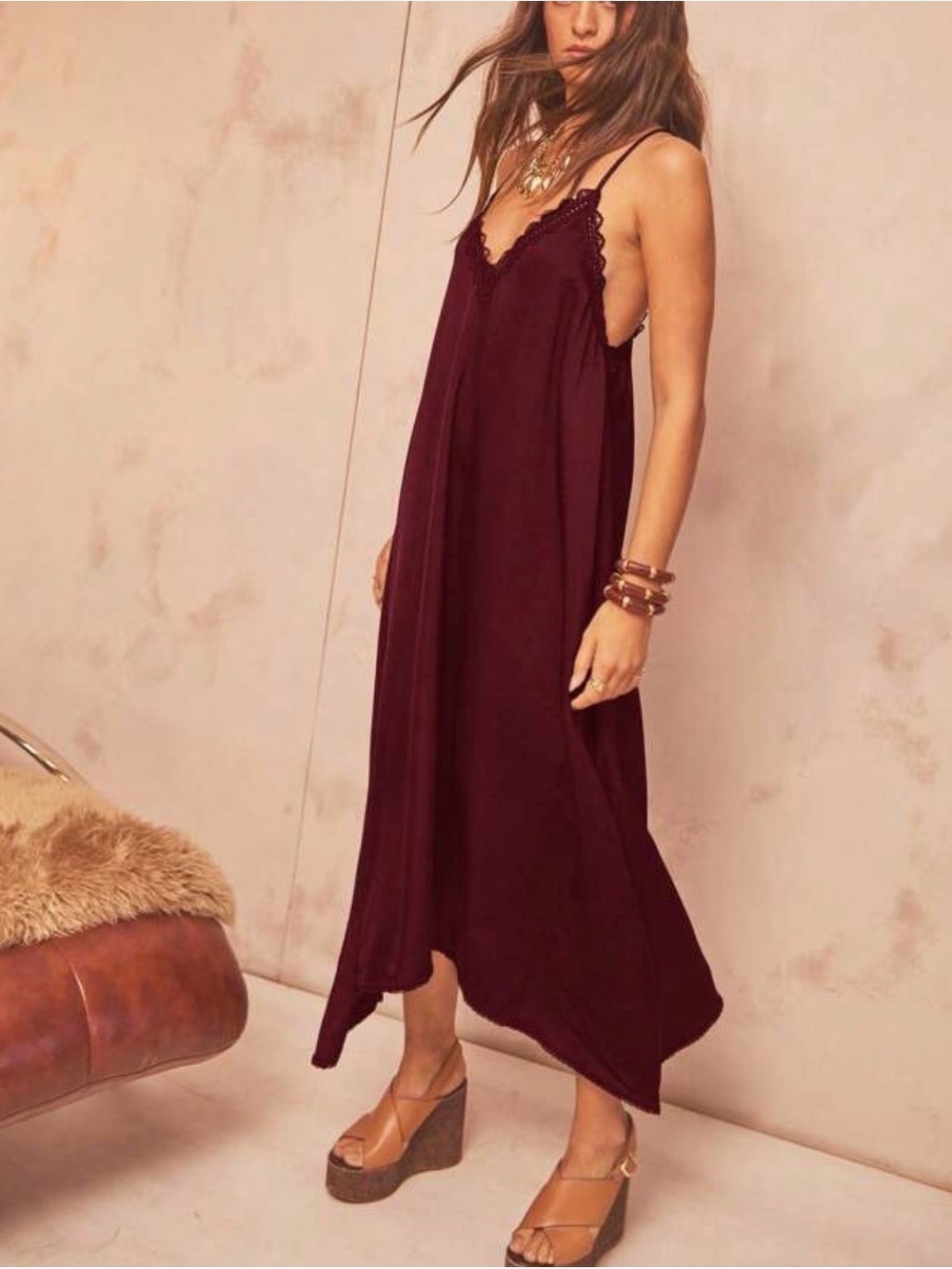 NEW Sleeveless Burgundy Loose Fitting Slip Midi Dress with Lace Trim